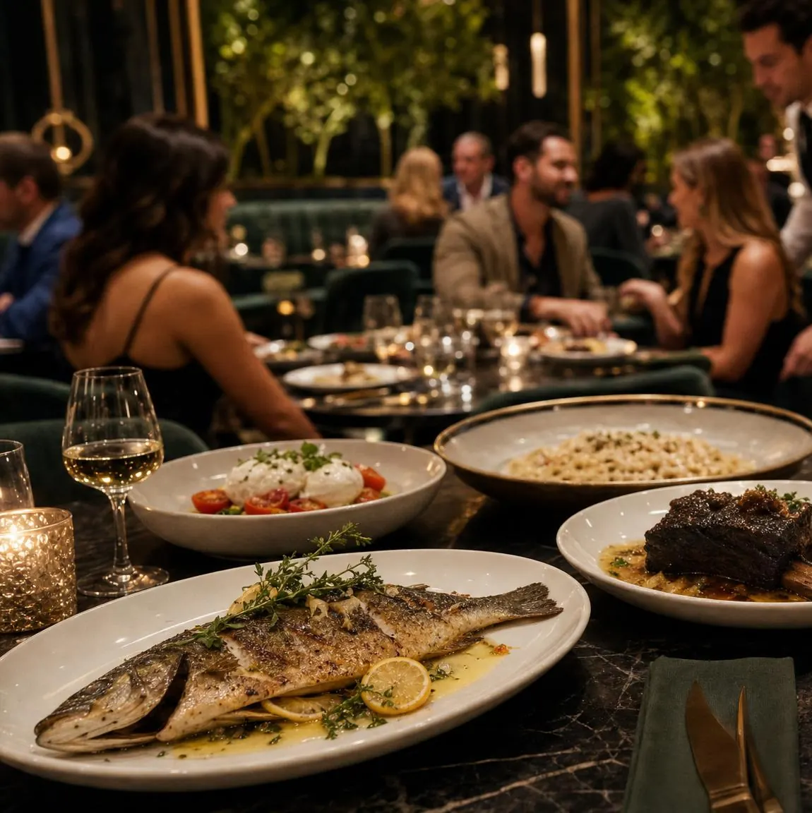 Restaurant dining room with plated dishes on the table