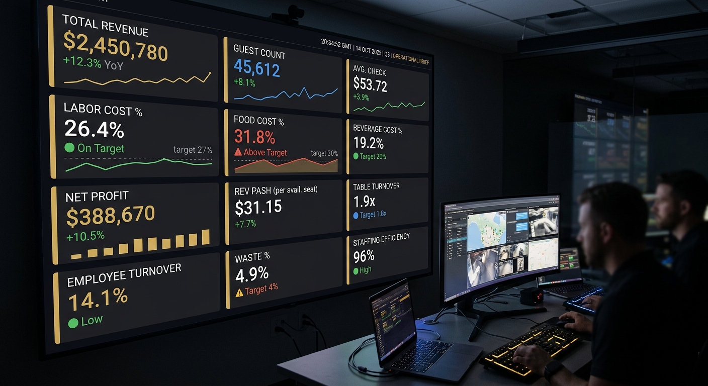 Restaurant analytics control room with operators reviewing Wells dashboard