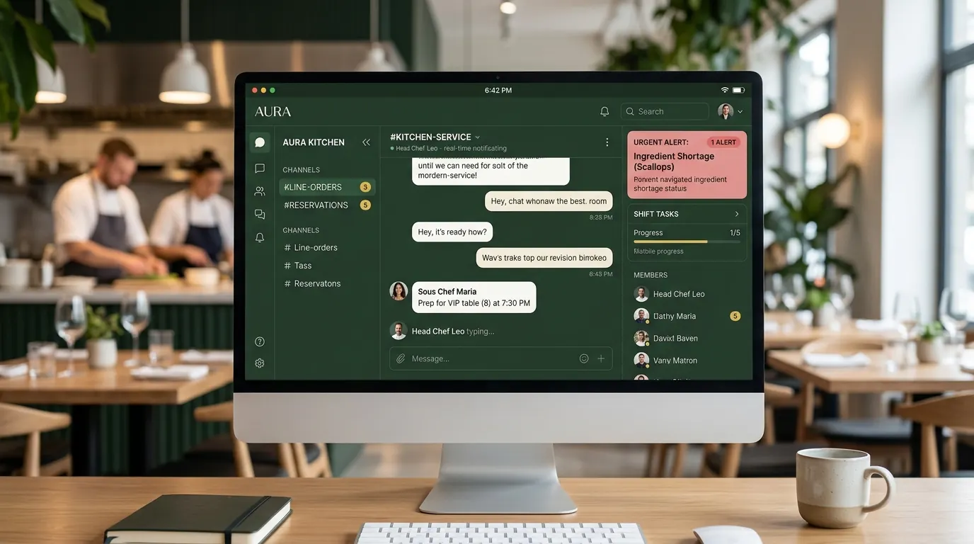 Morning brief shown in a team chat on a desktop screen in a restaurant