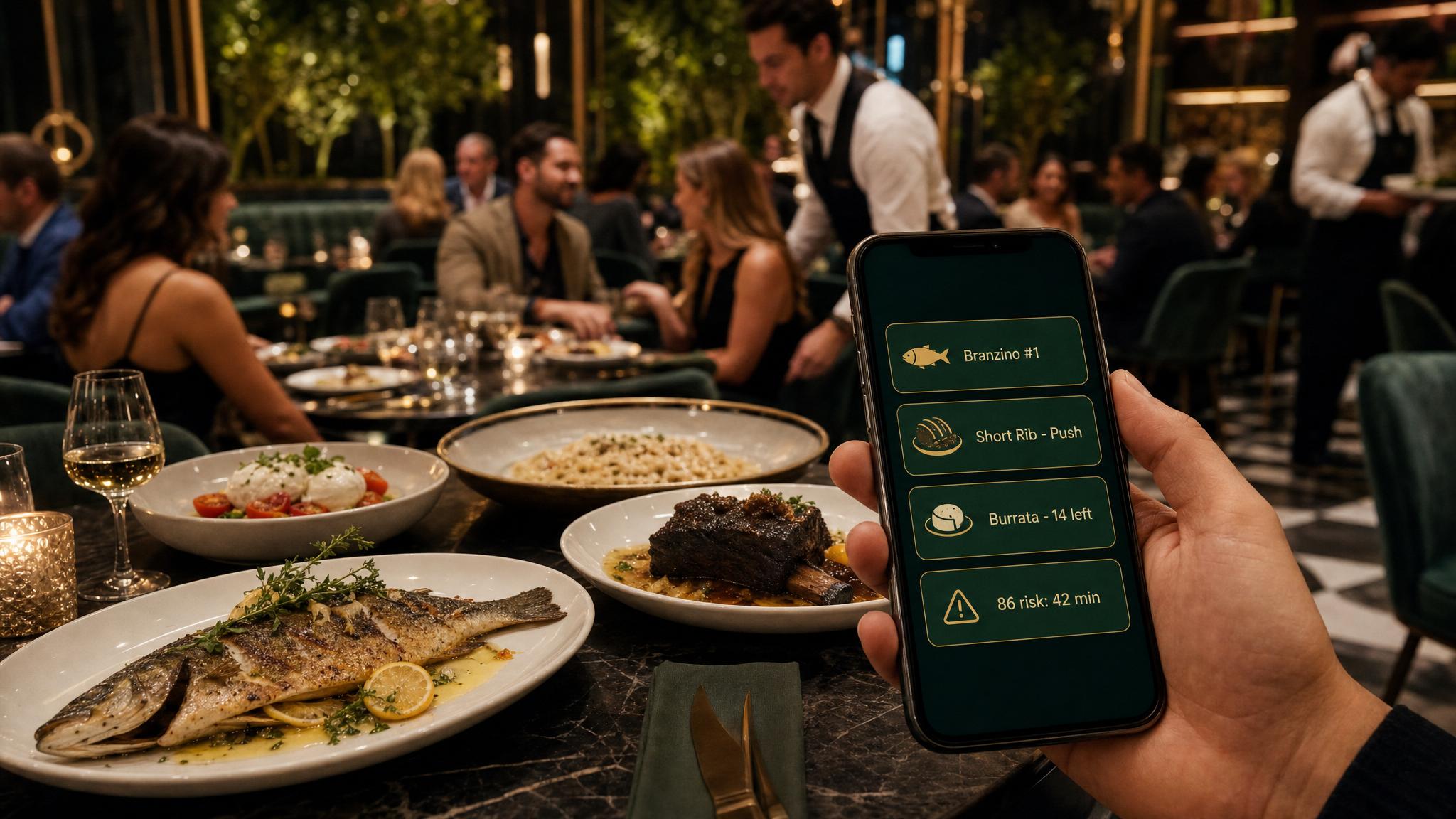 Busy restaurant dining room with plated dishes and Wells top-seller app preview